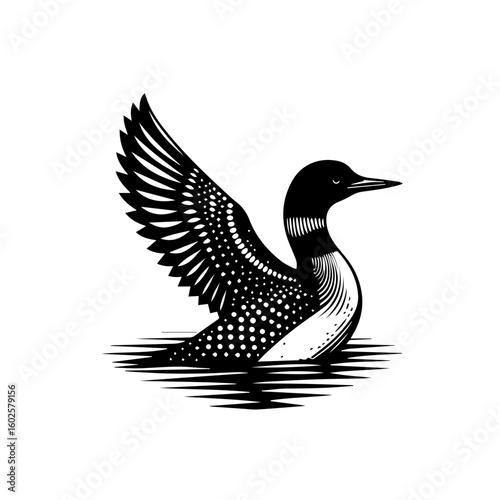 Wallpaper Mural A striking black and white illustration of a loon in flight over rippling water Torontodigital.ca