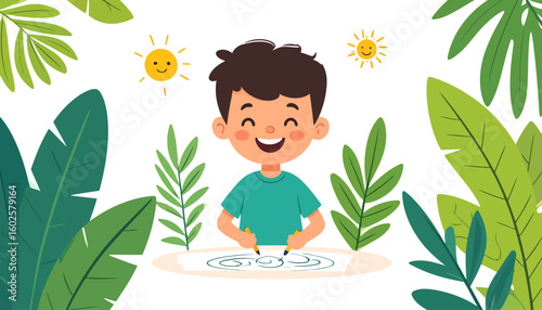 Joyful cartoon boy with dark hair and a teal shirt, smiling with closed eyes while drawing swirls on paper with two yellow pencils.