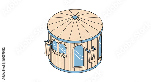 Round gazebo with windows and curtains, ocean breeze