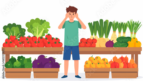 Anxious young man with hands on head overwhelmed by choices at a farmers market stall.