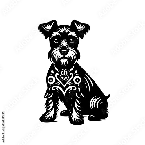 A stylized black and white illustration of a miniature schnauzer puppy sitting isolated on white background