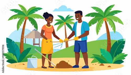 Smiling Black man and woman in casual wear working together with gardening tools.