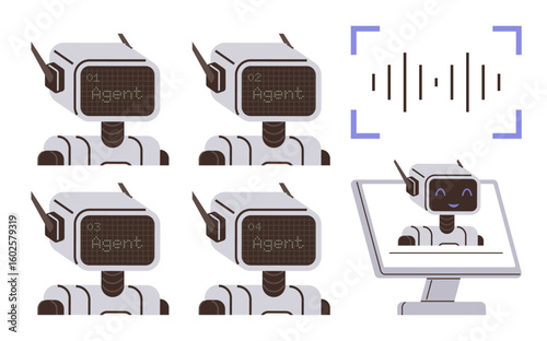 Four AI robots marked as agents with waveforms representing voice recognition and one robot displayed on a monitor. Ideal for AI, robotics, tech, machine learning, automation, chatbots, virtual