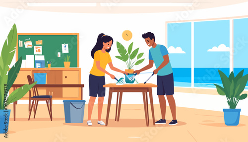 Happy young couple in casual attire collaboratively cleaning the leaves of a green potted houseplant on a wooden table.