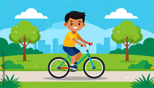 Happy young boy with dark hair and a yellow shirt riding a teal bicycle.