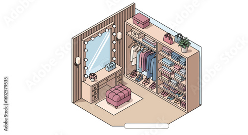 Walk-in closet interior with dressing table and shoe storage