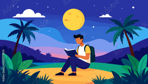 Young male traveler with a backpack sitting and intently reading a book in a flat illustration style.