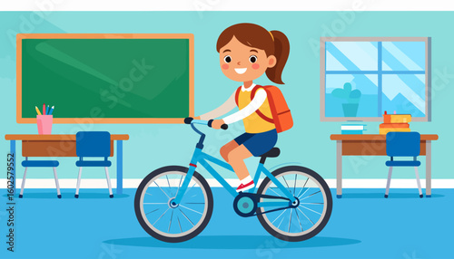 Cheerful schoolgirl with a ponytail and orange backpack riding a blue bicycle.