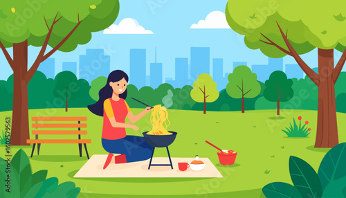 Smiling woman with long dark hair grilling steaming noodles with chopsticks on a small portable barbecue.