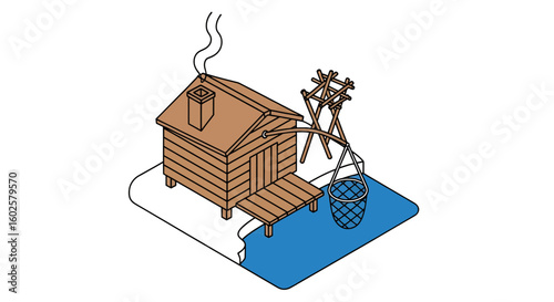 Winter cabin on ice fishing with net and smoke