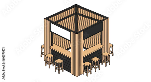 Wooden bar booth with stools isometric view