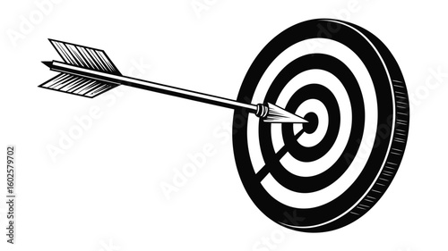 Arrow hitting the bullseye of a target black and white
