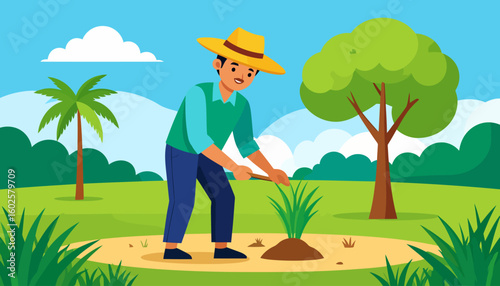 Cheerful cartoon farmer in a yellow hat and green shirt planting a small sprout.