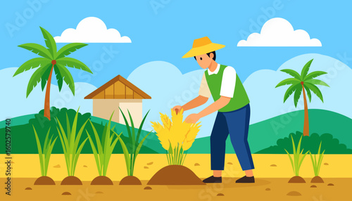 A male farmer in a yellow straw hat and green vest harvesting a golden rice crop by hand.