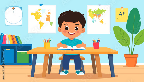 Cheerful cartoon boy with dark hair and a bright smile reading a book at his wooden desk.