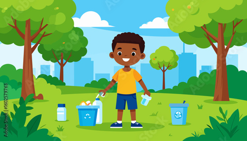 Illustrated young boy with a happy smile recycling plastic bottles into a blue bin