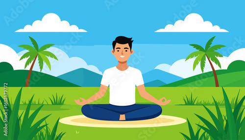 A serene young man with black hair meditating in a lotus pose, wearing a white shirt and blue pants.