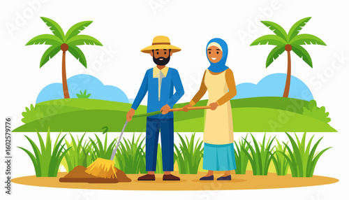 Happy farming couple working together, a bearded man with a hoe and a smiling woman in a blue hijab holding a rake.