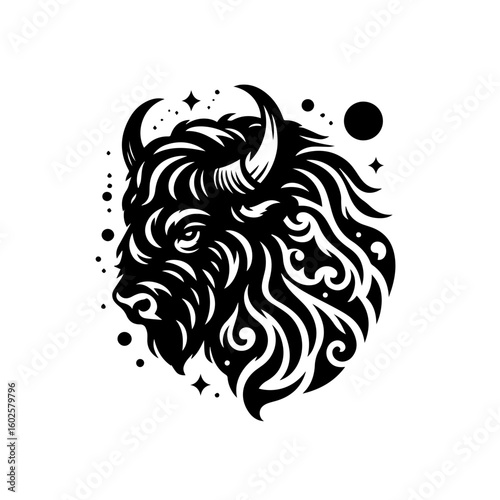 Stylized black and white illustration of a bisons head isolated on white background