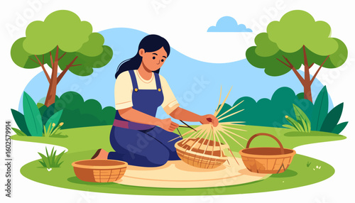 Young woman in blue overalls diligently weaving a wicker basket outdoors on a blanket.