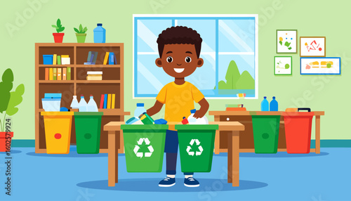 Happy young boy in a yellow shirt sorting plastic waste for recycling.