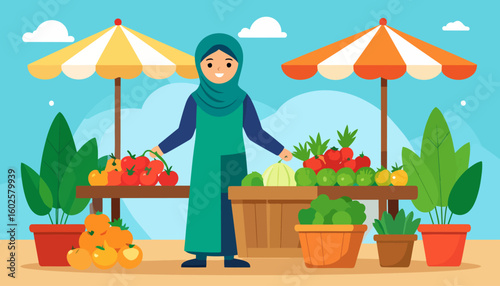 Smiling Muslim woman in a hijab and apron selling fresh produce at an outdoor market stall.