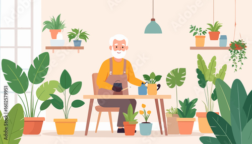 Contented senior gardener with a white beard, wearing an apron, tending to his collection of lush houseplants.