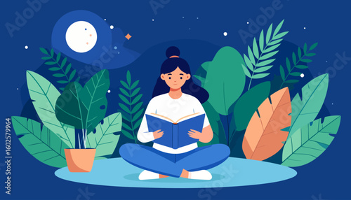 Illustration of a young woman with a dark hair bun, sitting cross-legged and calmly reading an open blue book.