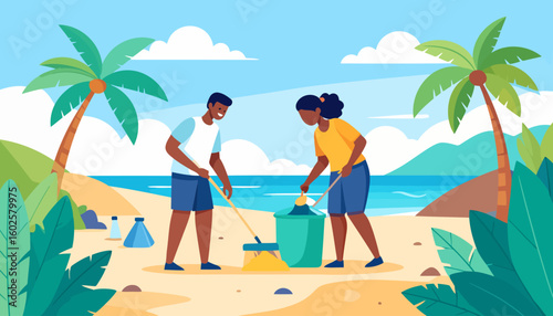 Smiling man and woman in casual clothes cleaning a tropical beach, collecting trash with a broom and dustpan.