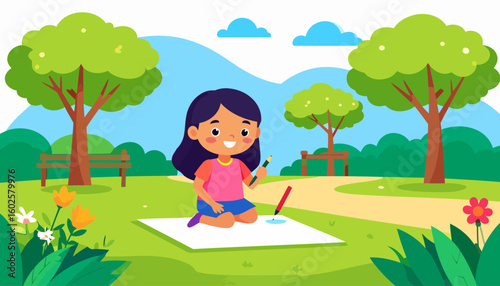 Happy cartoon girl with dark purple hair, kneeling and drawing with colored pencils on a white paper sheet.