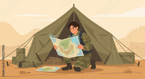 Female Soldier Carefully Examines Topographic Map Outside Military Tent