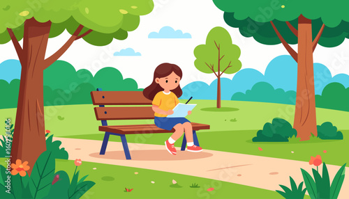 A young cartoon girl with brown hair in a yellow shirt and blue skirt, sitting on a wooden bench and drawing in a notepad.