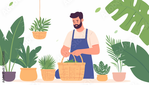 Friendly bearded gardener in a blue apron holding a wicker basket filled with freshly picked green leaves.