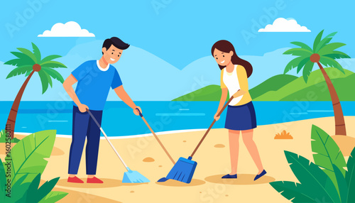 Smiling young couple volunteering for a beach cleanup, sweeping sand with a broom and dustpan.