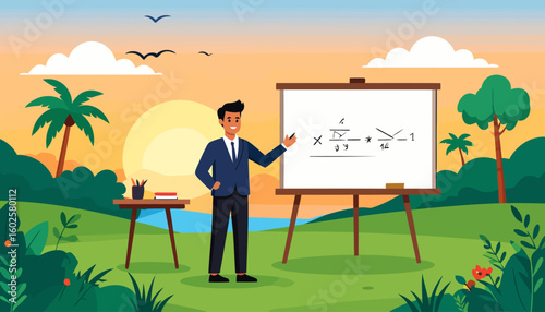 Smiling male teacher in a blue suit pointing to a math equation on a whiteboard.