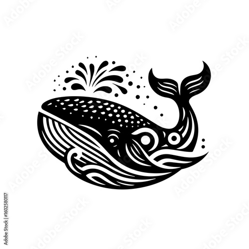 A stylized black and white illustration of a whale breaching and spouting water