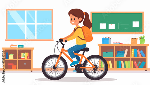 Smiling cartoon schoolgirl with a ponytail and orange backpack riding a bicycle.
