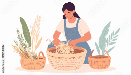 A serene woman in a blue apron carefully arranging dried grasses and wheat stalks inside a large wicker basket.