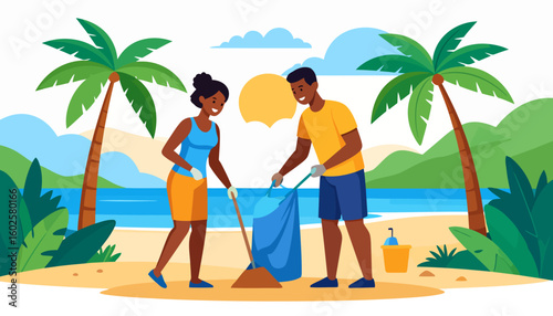 Happy Black couple in casual clothes volunteering, collecting trash together with a rake and a large blue bag.
