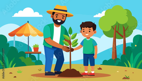 A happy, bearded father in a straw hat and his young son planting a green sapling together.