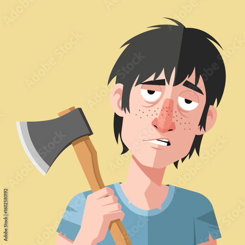 Holding Axe Person with Dark Hair Looks Tired and Sleepy