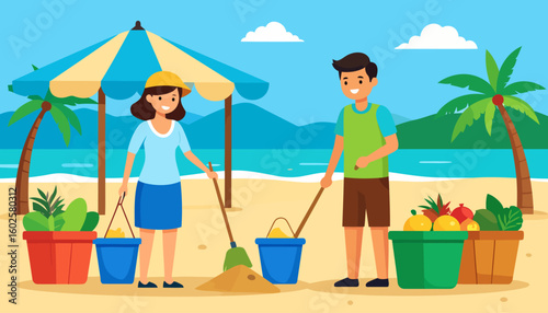 Cheerful cartoon couple with a broom and shovel cleaning up sand on a tropical beach.
