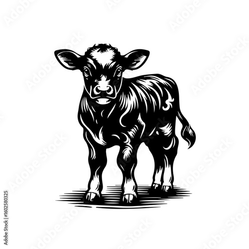 A stylized black and white illustration of a young calf standing and looking forward isolated on white background