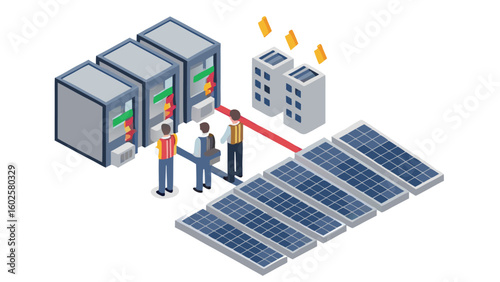 Isometric view of solar panels connected to servers and buildings with technicians working 100 char