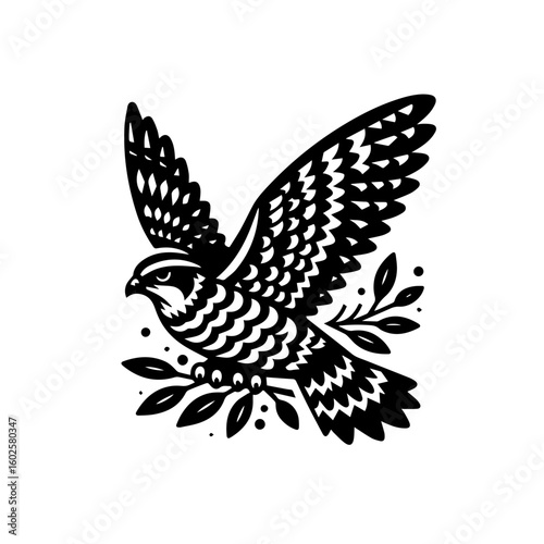 A stylized black and white illustration of a falcon in flight with outstretched wings clutching a sprig of leaves