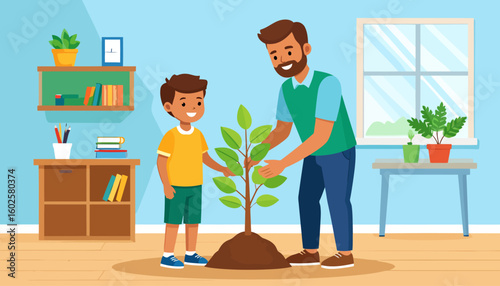 Cartoon father and son happily planting a young green sapling together, sharing a bonding moment.