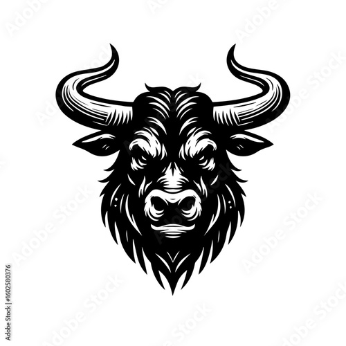 A fierce bull head with sharp horns isolated on white background