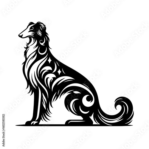 An artistic silhouette of a borzoi dog with ornate swirling patterns isolated on white background