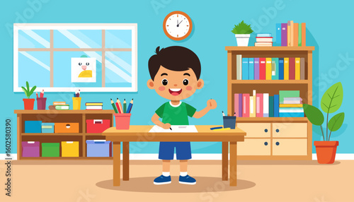 A smiling cartoon boy in a green t-shirt and blue shorts, standing at a desk and drawing with a pencil.