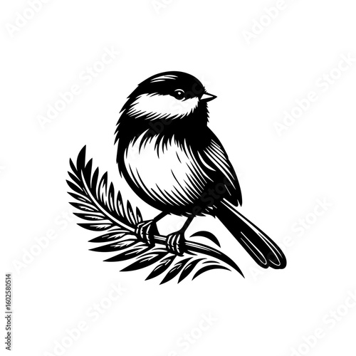 A black and white illustration of a chickadee perched on a leafy branch isolated on a white background